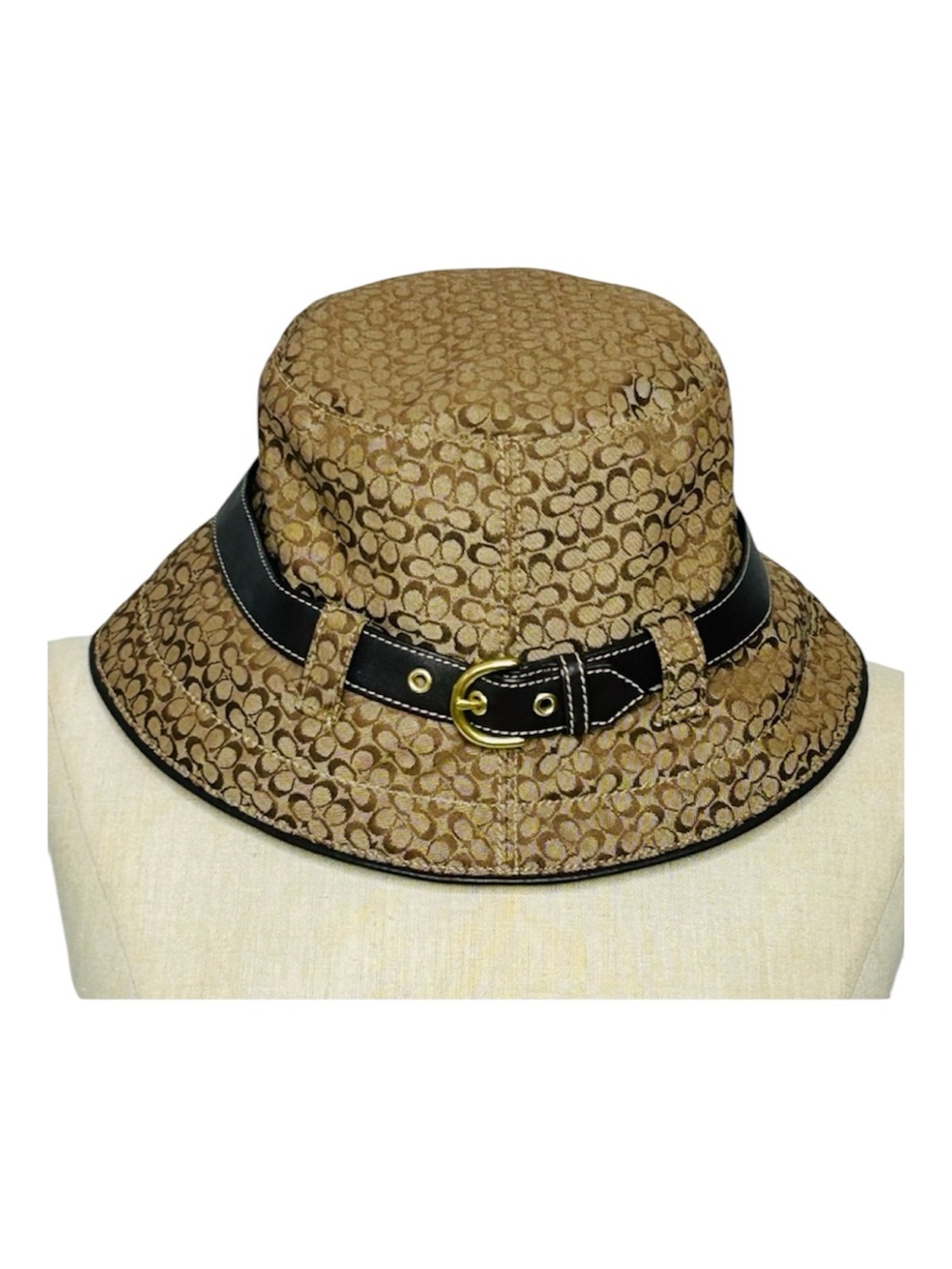 Coach Monogram Bucket Hat Khaki Brown Signature CC Logo with Leather Belt